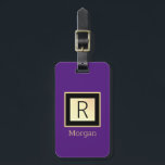 DIY Name & Monogram Black & Gold Box, Royal Purple Luggage Tag<br><div class="desc">Personalise your name in gold and monogram in black on trendy Gold Box with black border on Royal Purple background. Contact info on back. Click “Customise” to change colours and type styles</div>