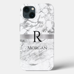  DIY Name & Monogram Blk Text, White & Grey Marble iPhone 13 Case