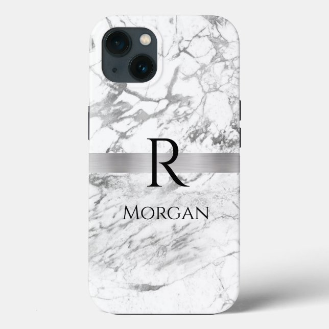  DIY Name & Monogram Blk Text, White & Grey Marble Case-Mate iPhone Case (Back)