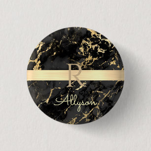 DIY Name & Monogram, Gold Bar, Black & Gold Marble 3 Cm Round Badge