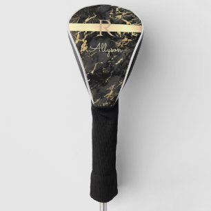 DIY Name & Monogram, Gold Bar, Black & Gold Marble Golf Head Cover