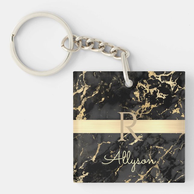 DIY Name & Monogram, Gold Bar, Black & Gold Marble Key Ring (Front)