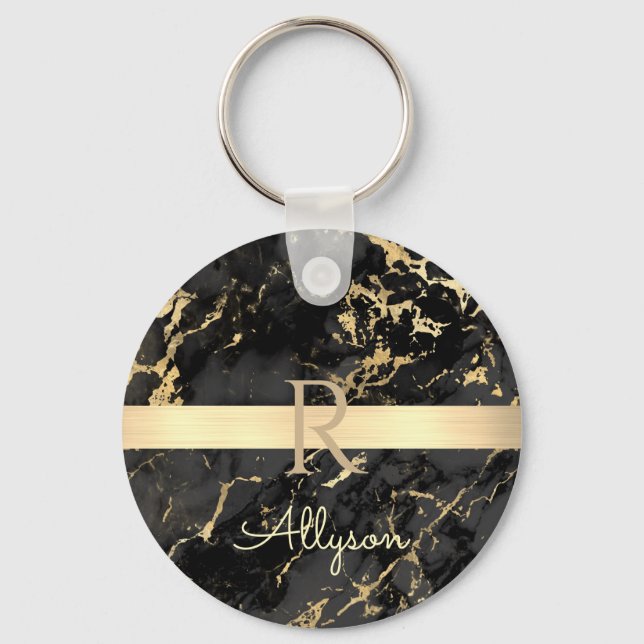 DIY Name & Monogram, Gold Bar, Black & Gold Marble Key Ring (Front)