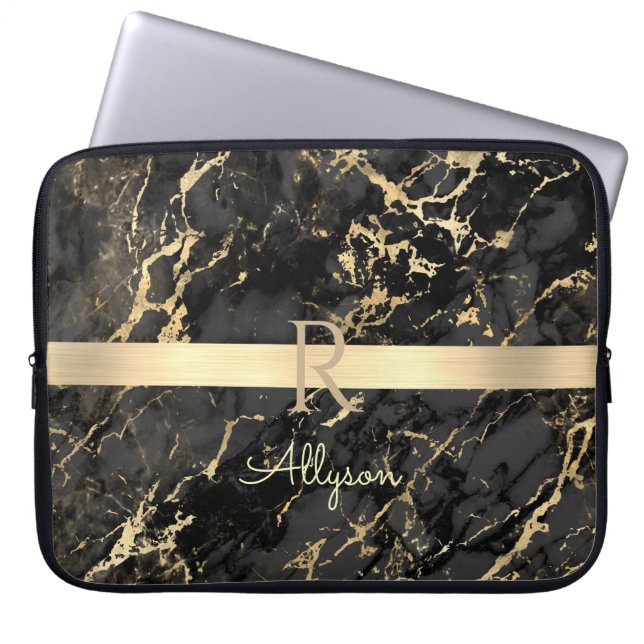 DIY Name & Monogram, Gold Bar, Black & Gold Marble Laptop Sleeve (Front)