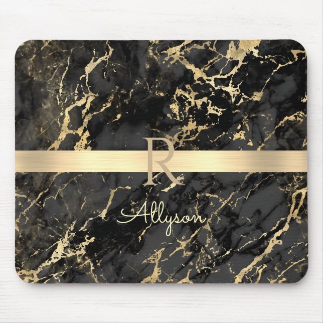 DIY Name & Monogram, Gold Bar, Black & Gold Marble Mouse Pad (Front)