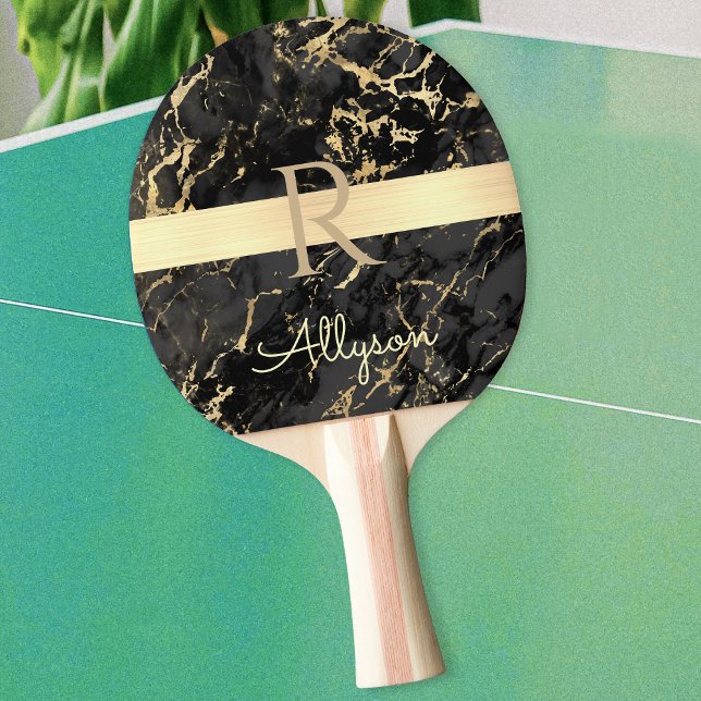 DIY Name & Monogram, Gold Bar, Black & Gold Marble Ping Pong Paddle (Creator Uploaded)