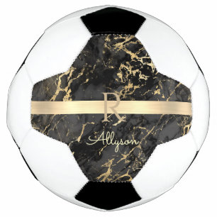 DIY Name & Monogram, Gold Bar, Black & Gold Marble Soccer Ball