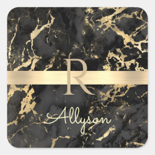 DIY Name & Monogram, Gold Bar, Black & Gold Marble Square Sticker
