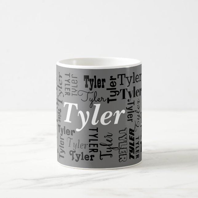 DIY Name Repeated Many Times Black & White on Grey Coffee Mug (Center)