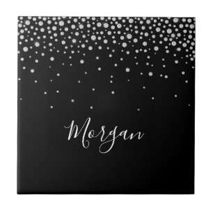 DIY Name White Script & White Diamonds, Black Ceramic Tile