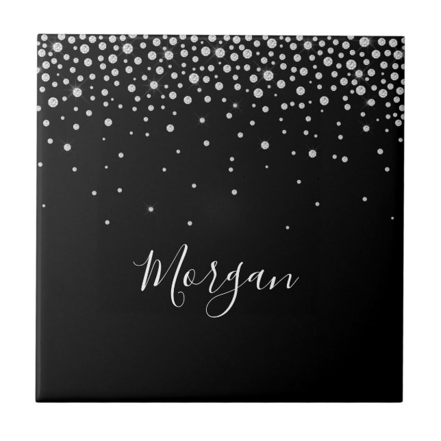 DIY Name White Script & White Diamonds, Black Ceramic Tile (Front)