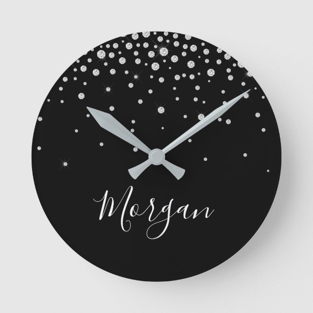DIY Name White Script & White Diamonds, Black Round Clock (Front)