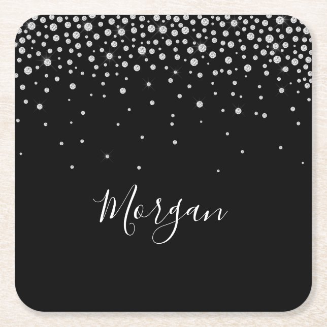 DIY Name White Script & White Diamonds, Black Square Paper Coaster (Front)
