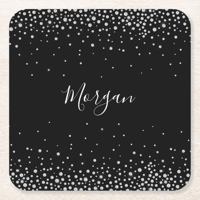 DIY Name White Script & White Diamonds, Black Vs 2 Square Paper Coaster (Front)