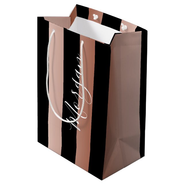 DIY Name White, Vertical Rose Gold & Black Stripes Medium Gift Bag (Back Angled)