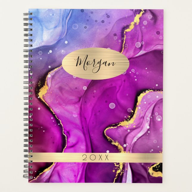DIY Name & Year, Red Violet & Gold Ink Abstract Planner (Front)