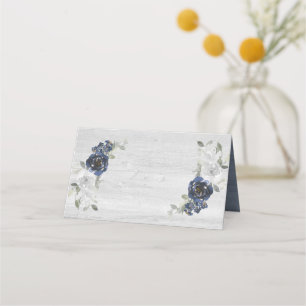 DIY Navy Blue Silver Grey Wood Floral Wedding Place Card