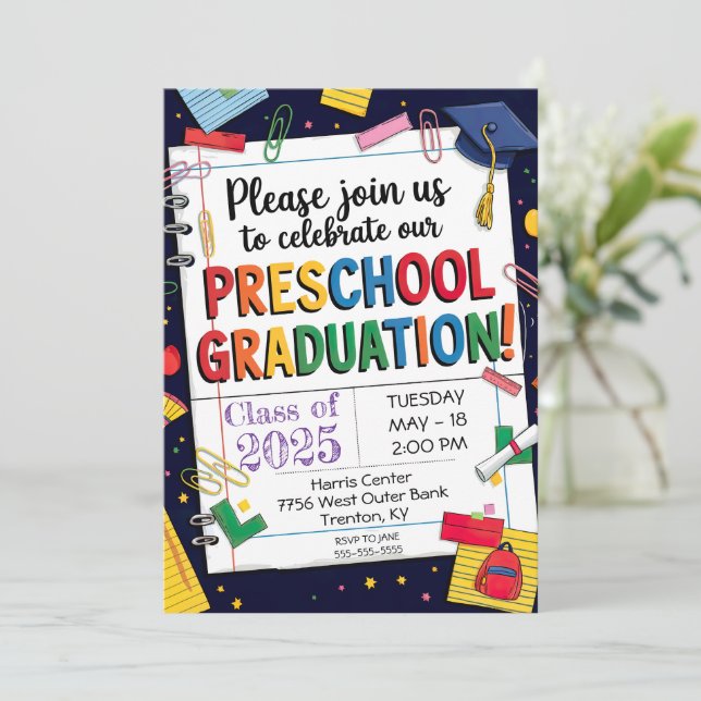 DIY Notebook Paper Clip Preschool Graduation Cap Invitation (Standing Front)