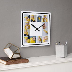 DIY Personalised 12 Photo Collage Template Square Wall Clock