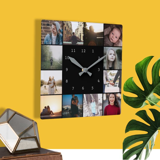 DIY Personalised 12 Photo Collage Template Square Wall Clock (Creator Uploaded)