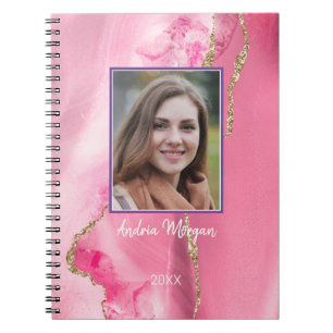 DIY Photo/Name/Year/ Pink & Gold Agate Notebook