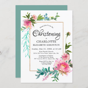 DIY Pink Floral Watercolor Christening Invitations