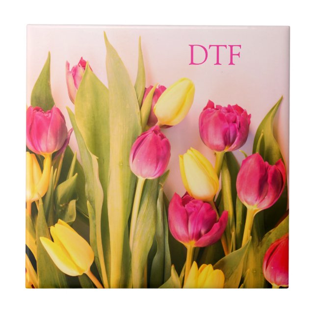 DIY Pink Monogram/Name, Pink & Yellow Tulips Ceramic Tile (Front)
