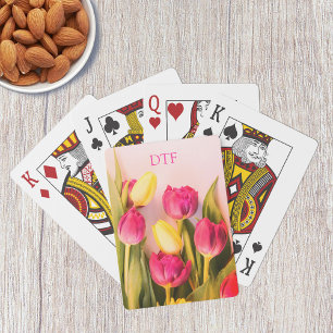 DIY Pink Monogram/Name, Pink & Yellow Tulips Playing Cards