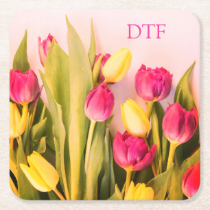 DIY Pink Monogram/Name, Pink & Yellow Tulips Square Paper Coaster