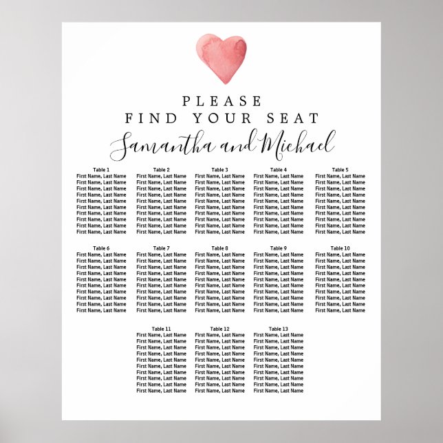 DIY Red Heart 13-Table Wedding Seating Chart (Front)
