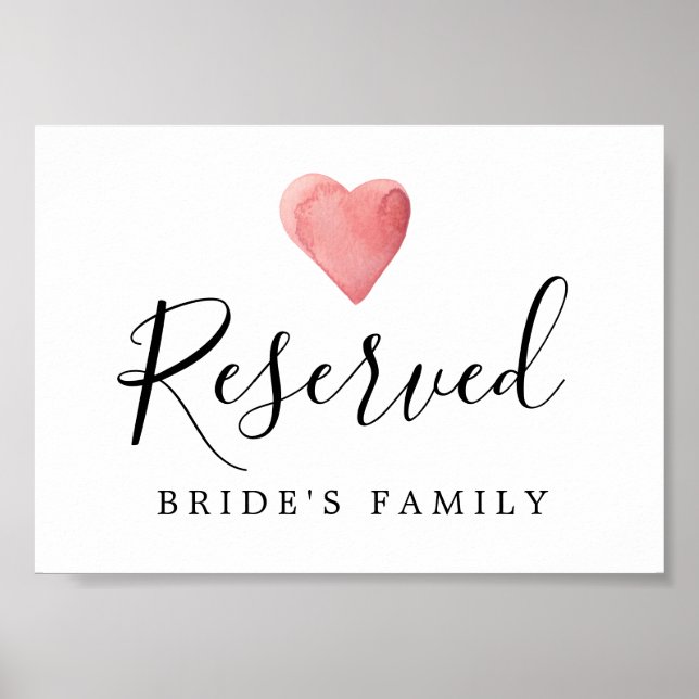 DIY Red Watercolor Heart Wedding Reserved Sign (Front)