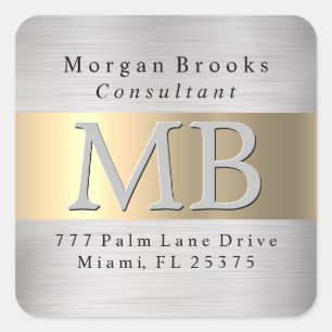 DIY Return Address Label, Brushed Steel & Gold Vs2 Square Sticker