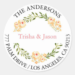 DIY Return Address, W/C Peach Flowers, Black/Coral Classic Round Sticker