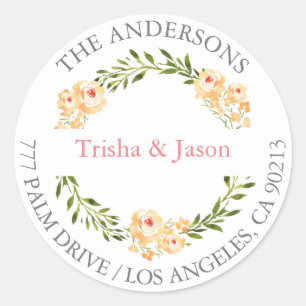 DIY Return Address, W/C Peach Flowers, Grey/Coral Classic Round Sticker