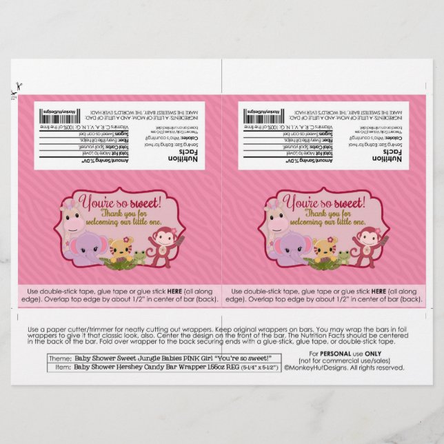 DIY Sweet Jungle Babies 1.55oz Candy Bar Wrappers (Front)