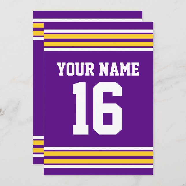 DIY Team Jersey Stripes Gold #2 White Purple Invitation (Front/Back)