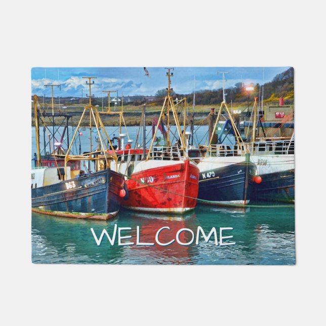 DIY Welcome or Name, Fishing Boats, White Text Doormat (Front)
