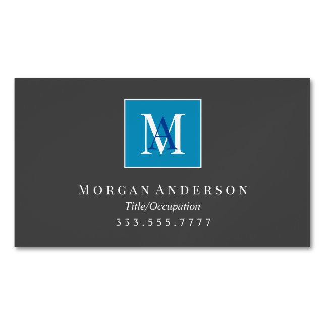 DIY White/Blue Monogram & Name, White Frame, Black Magnetic Business Card (Front)