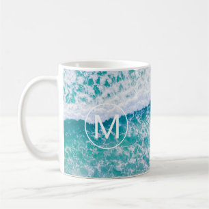 DIY White Monogram in Circle, Beach Waves Coffee Mug