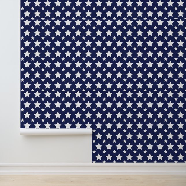DIY White Stars Navy Blue Stylish Modern Pattern Wallpaper (Application)