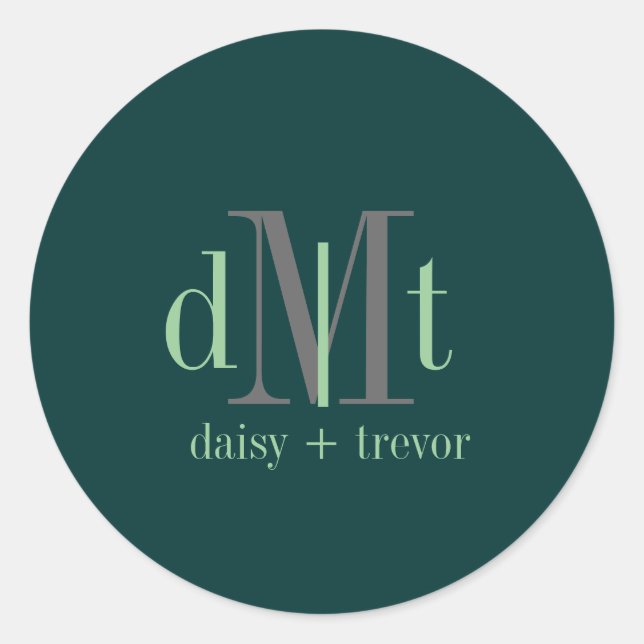 DIYcolors Hunter Green+Graphite+Mint Monogram Classic Round Sticker (Front)