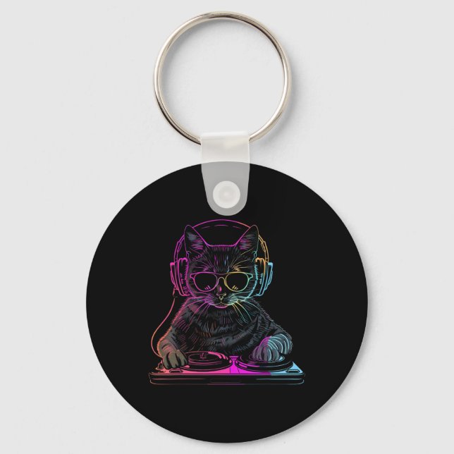 Dj Cat Edm Techno House Music Funny Cat Lover  Key Ring (Front)