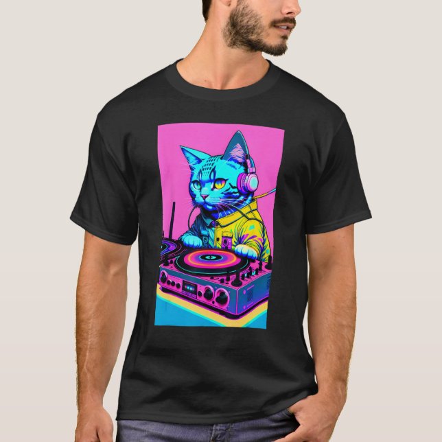 DJ Cat Headphones Turntable DJ Mixer Dreamwave Sty T-Shirt (Front)
