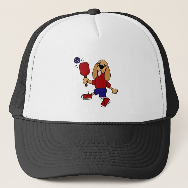 DJ- Cocker Spaniel Playing Pickleball Cartoon Trucker Hat (Front)