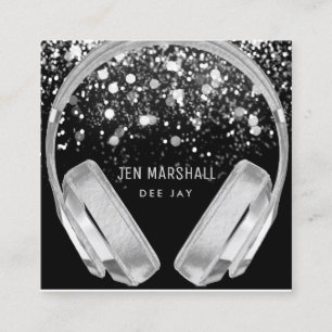 DJ faux silver foil effect headphones Square Business Card