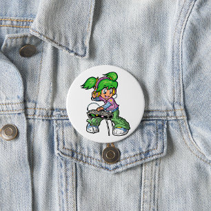 DJ Girl with Green Hair and Headphones  7.5 Cm Round Badge
