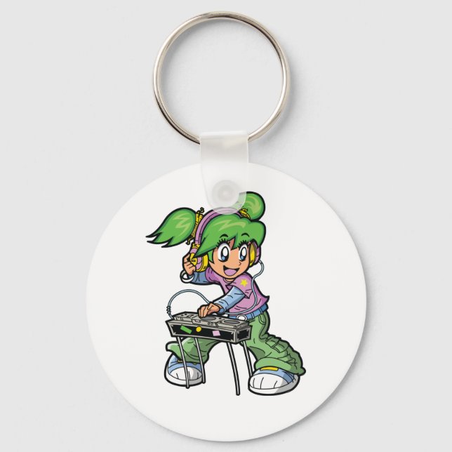 DJ Girl with Green Hair and Headphones  Key Ring (Front)