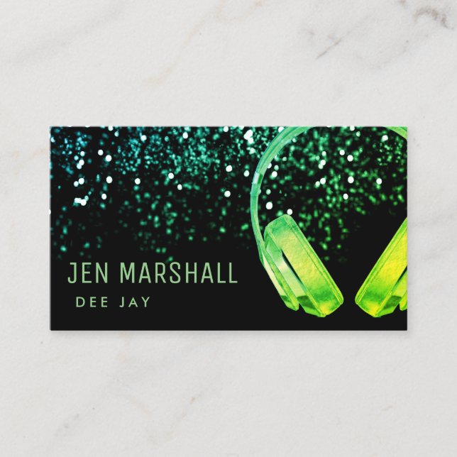 DJ green music headphones Business Card (Front)