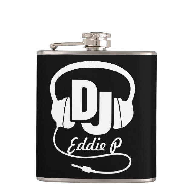 DJ headphones add your name hip flask (Front)
