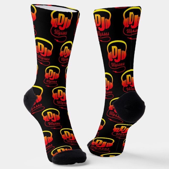  DJ headphones custom name red yellow black music Socks (Angled)